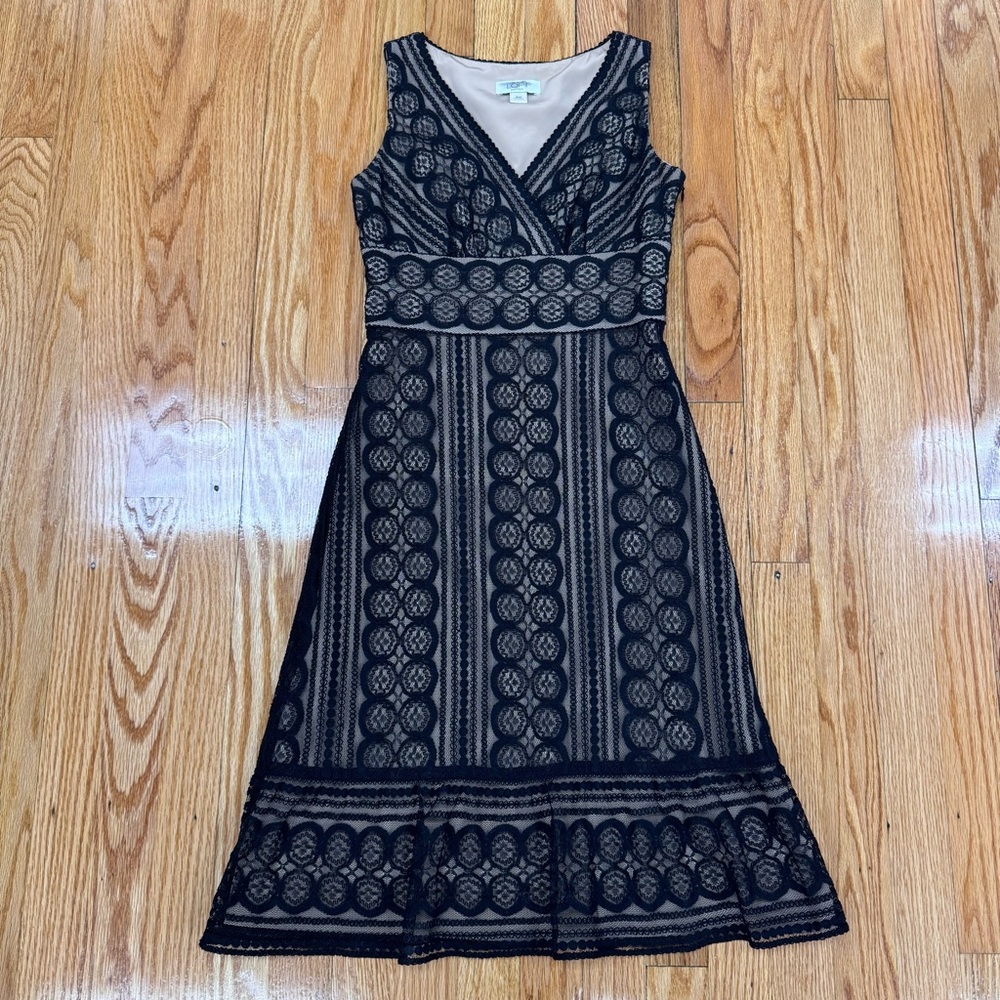 LOFT Ann Taylor Petites Sleeveless Black Lace V-Neck Dress With Nude Lining Y2K